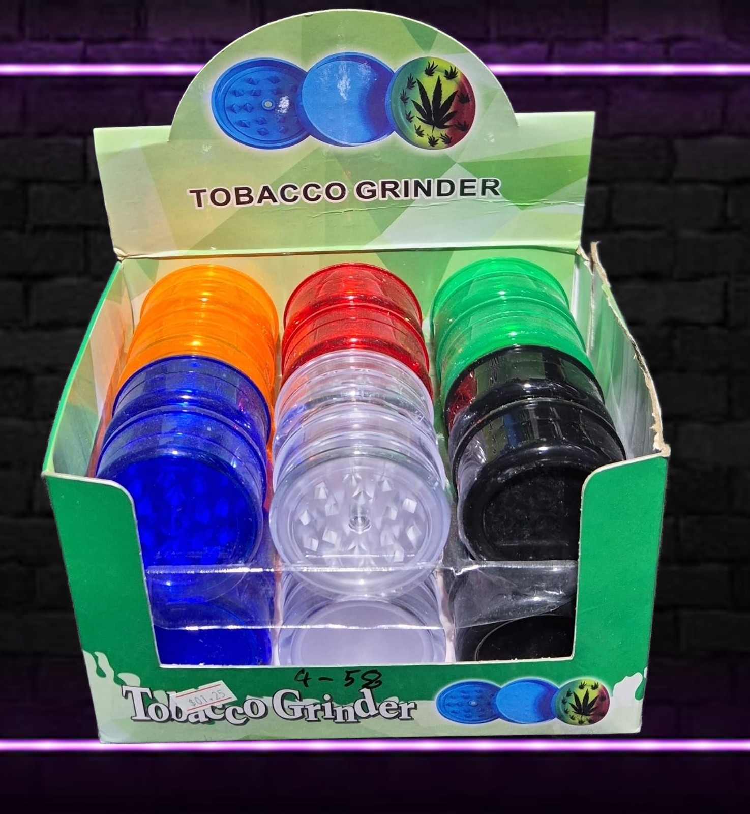 MULTICOLOR  TOBACCO GRINDER 18 PER PACK