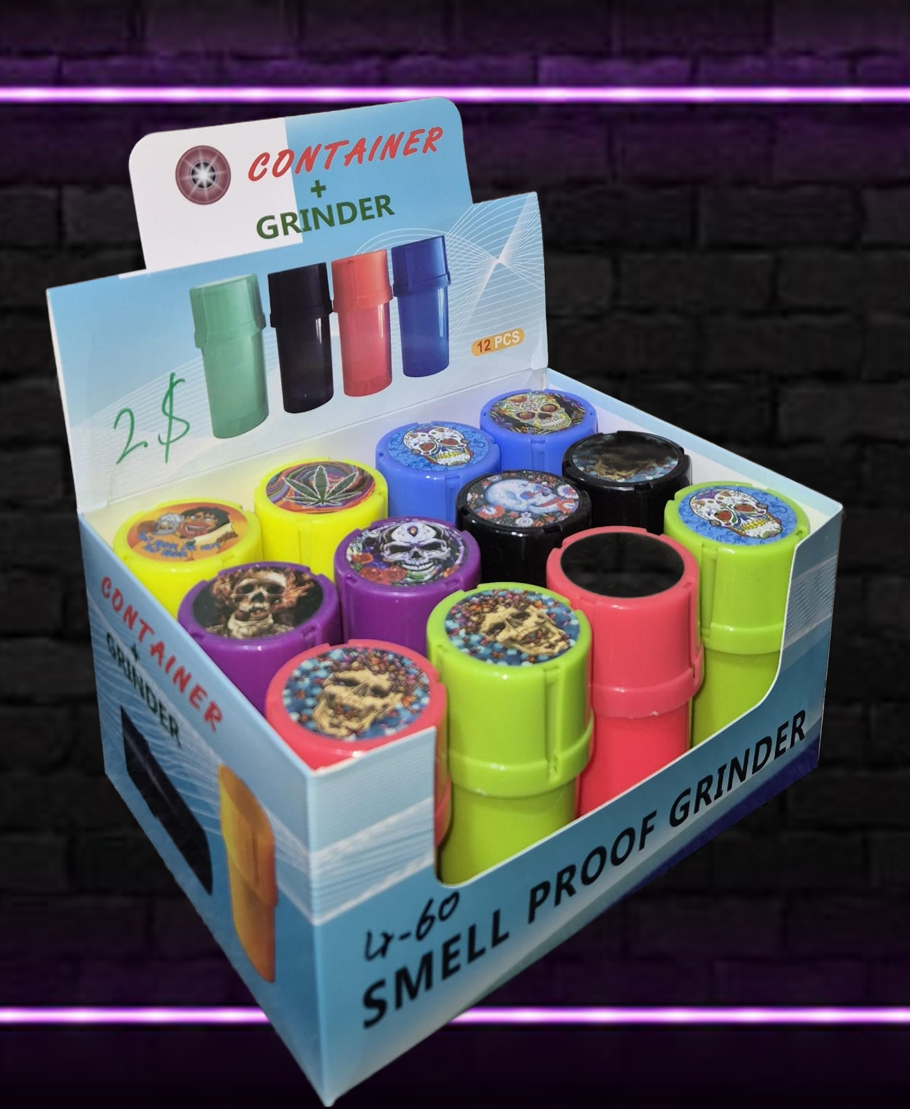 SMELL PROOF CONTAINER + TOBACCO/HERB GRINDERS 12 PER PACK